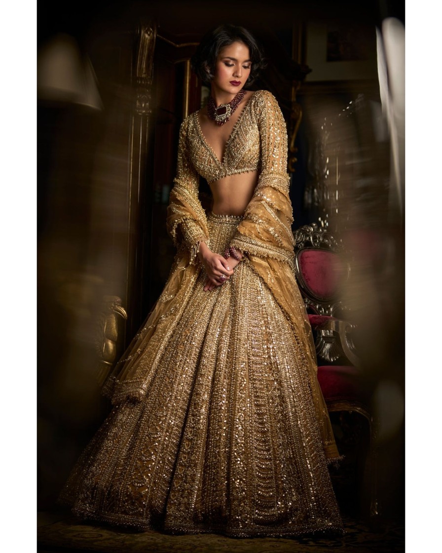 Bridal Seema Gujral | Gold Beaded Lehenga Set