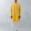 Mens Devnaagri Mens | Mango Yellow Embroidered Woven Chanderi Kurta Set