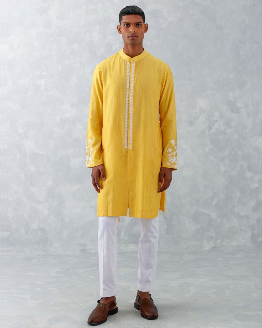 Mens Devnaagri Mens | Mango Yellow Embroidered Woven Chanderi Kurta Set