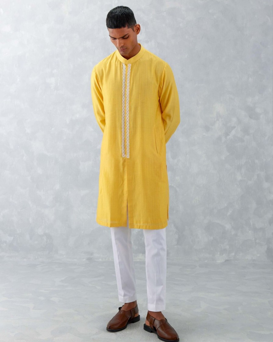 Mens Devnaagri Mens | Mango Yellow Embroidered Woven Chanderi Kurta Set