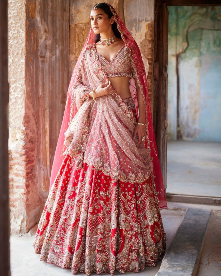 Womens Dolly J | Eris Red Raw Silk Bridal Lehenga