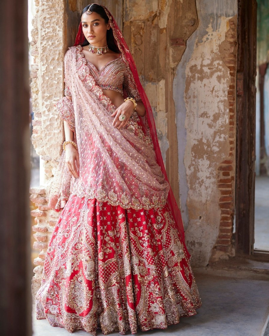 Womens Dolly J | Eris Red Raw Silk Bridal Lehenga