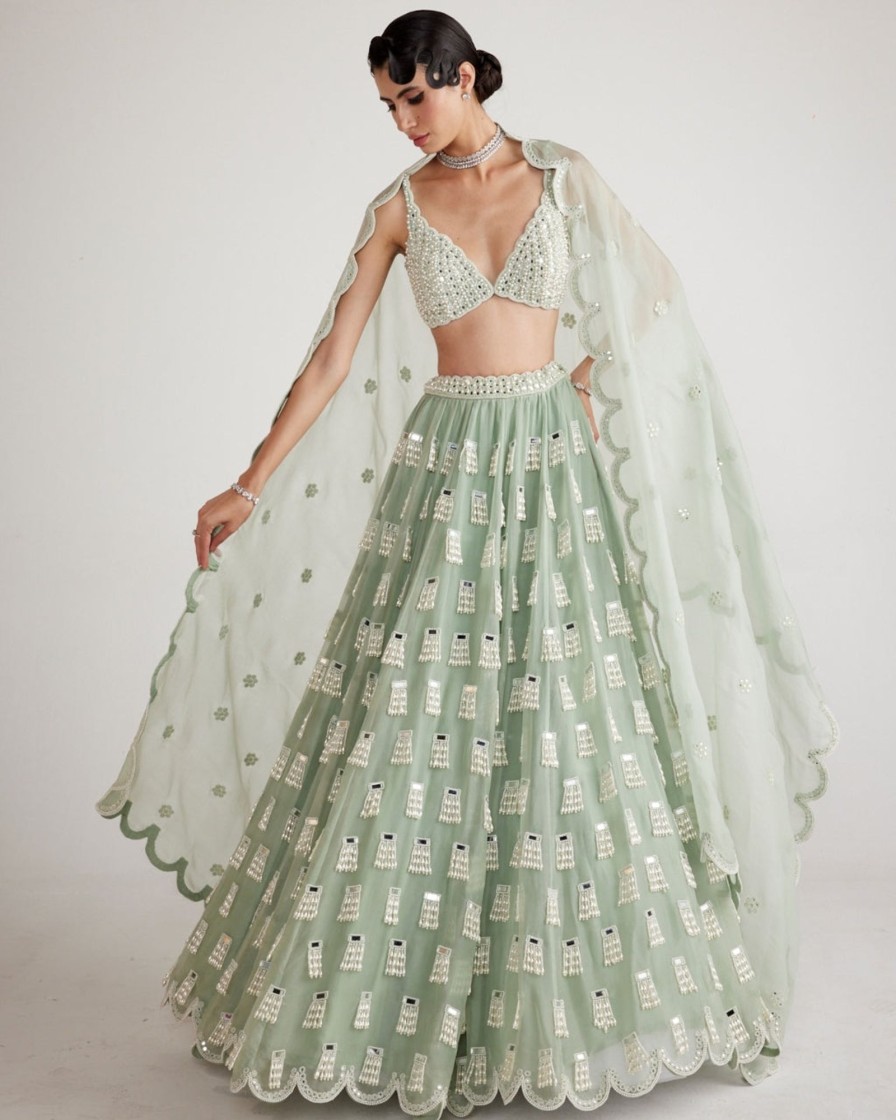 Bridal Vvani by Vani Vats | Powder Mint Green Chandelier Drop Lehenga Set