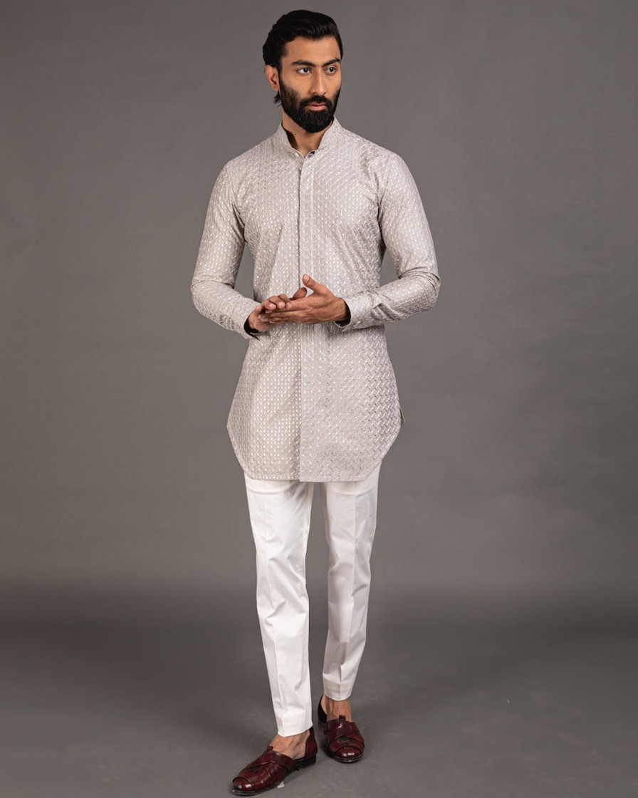 Mens Arjan Dugal | Gray Geometric Silk Motif Kurta Set