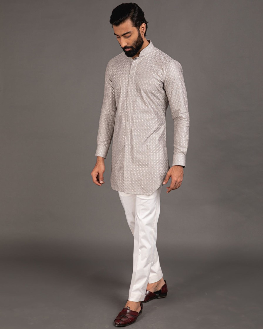 Mens Arjan Dugal | Gray Geometric Silk Motif Kurta Set