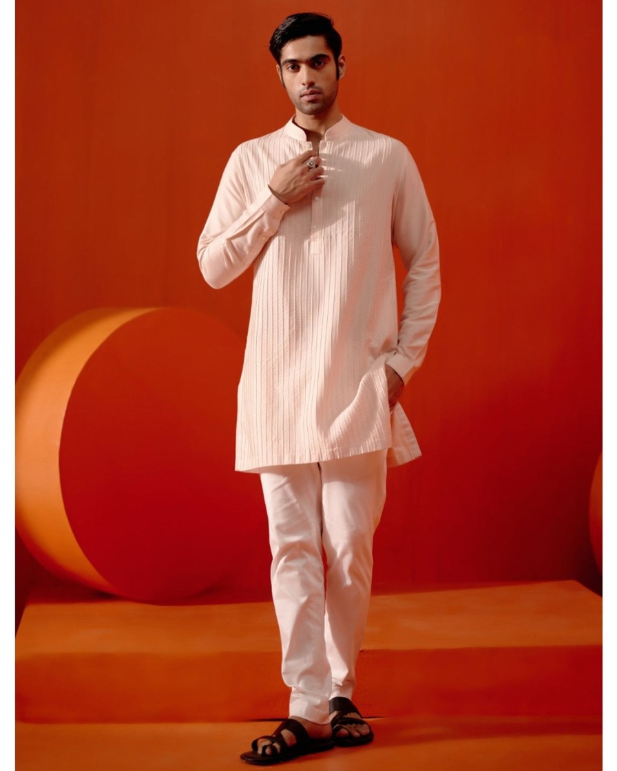 Mens Devnaagri Mens | Blush Pink Cotton Silk Blend Pin Tucks Kurta Set