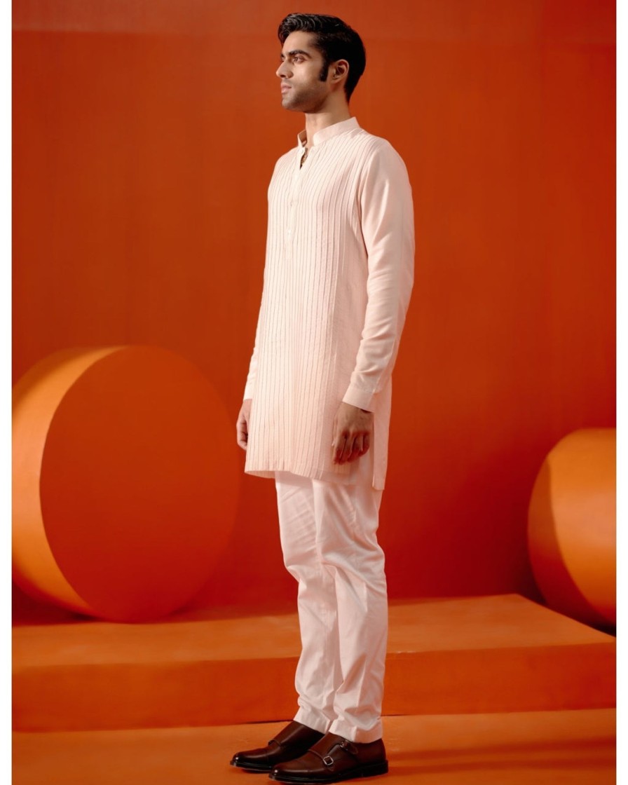 Mens Devnaagri Mens | Blush Pink Cotton Silk Blend Pin Tucks Kurta Set