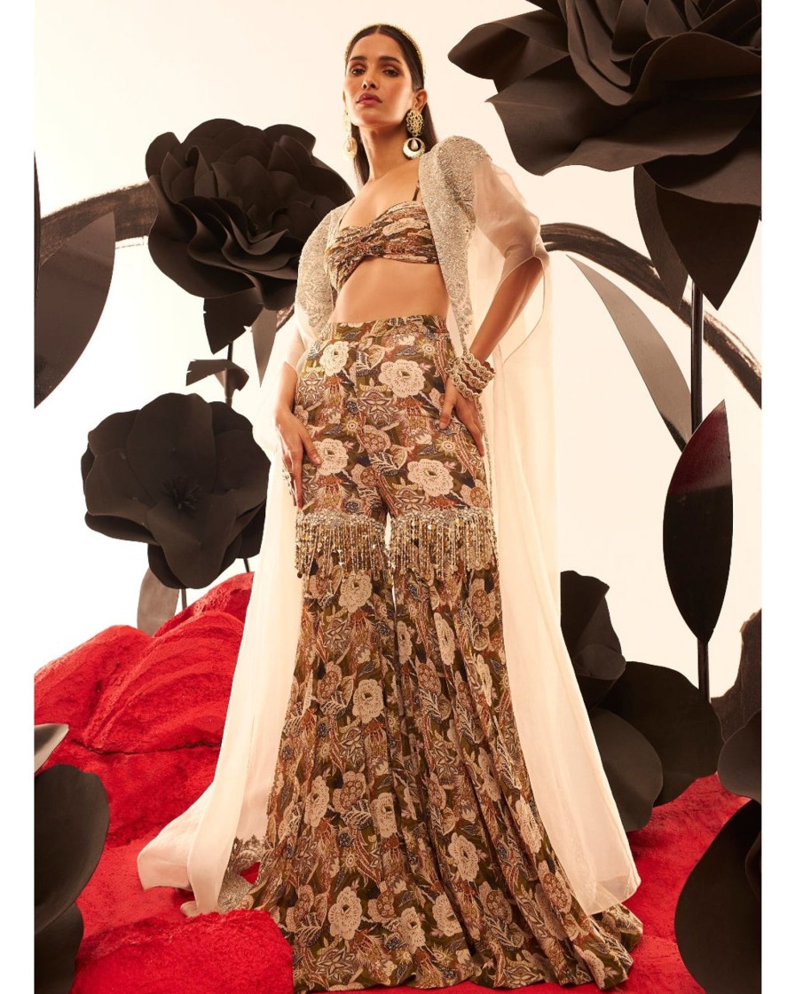 Womens Bhumika Sharma | Earthy Abstract Floral Gharara U0026 Cape Set