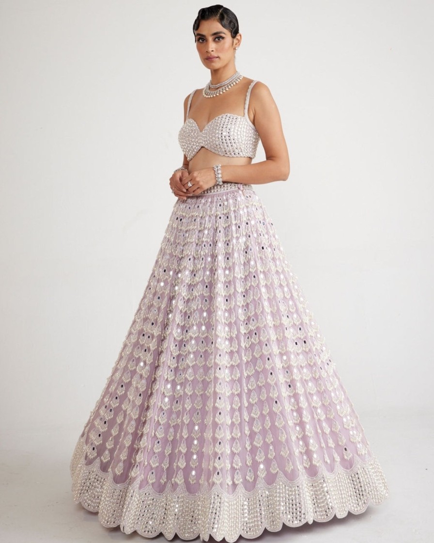 Bridal Vvani by Vani Vats | Powder Lilac Chandelier Pearl Drop Lehenga Set