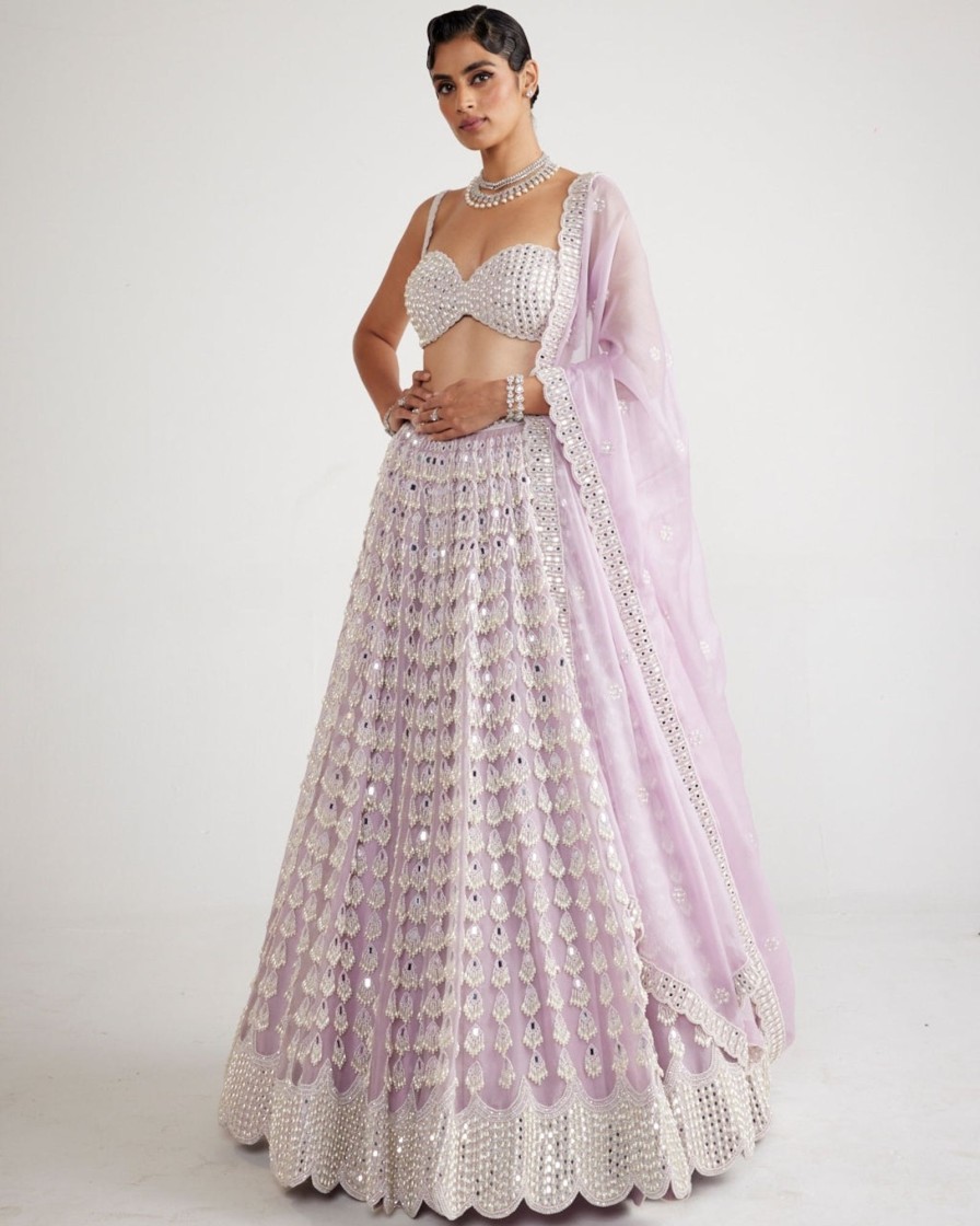 Bridal Vvani by Vani Vats | Powder Lilac Chandelier Pearl Drop Lehenga Set