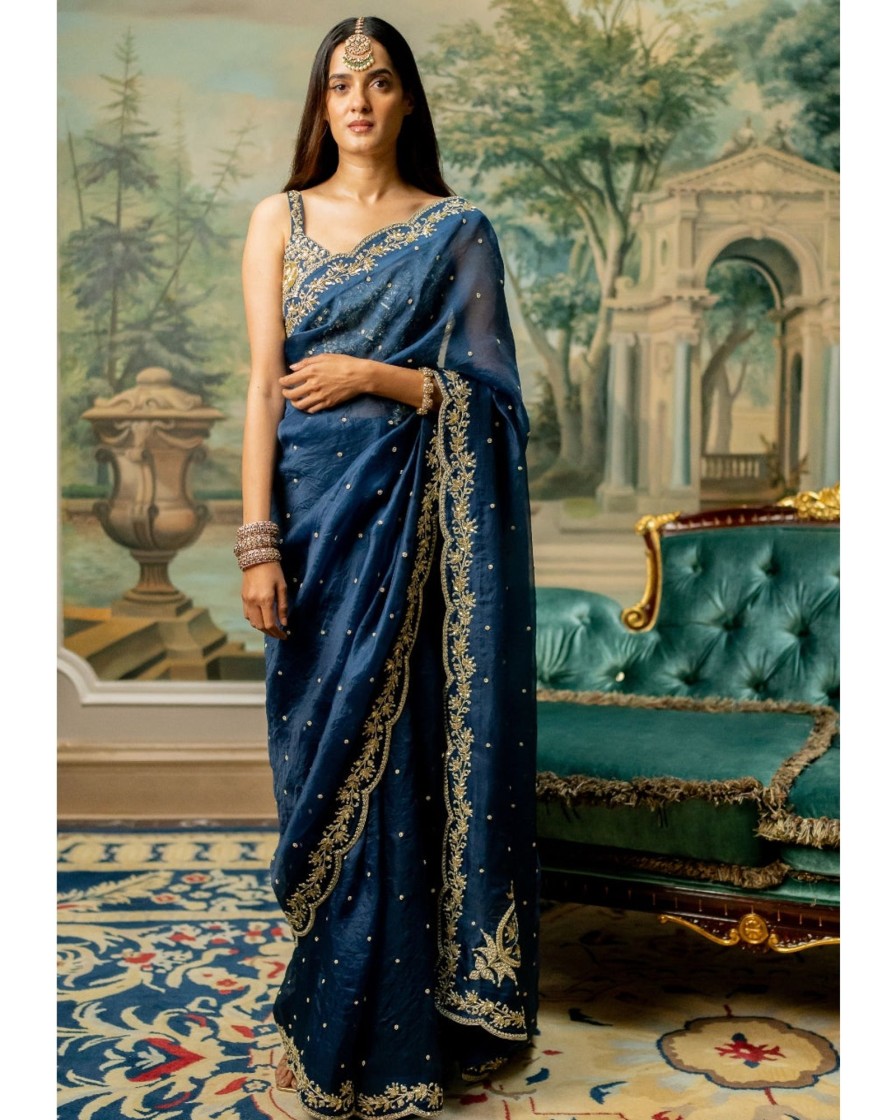 Womens Paulmi u0026 Harsh | Deep Blue Embroidered Sari Set