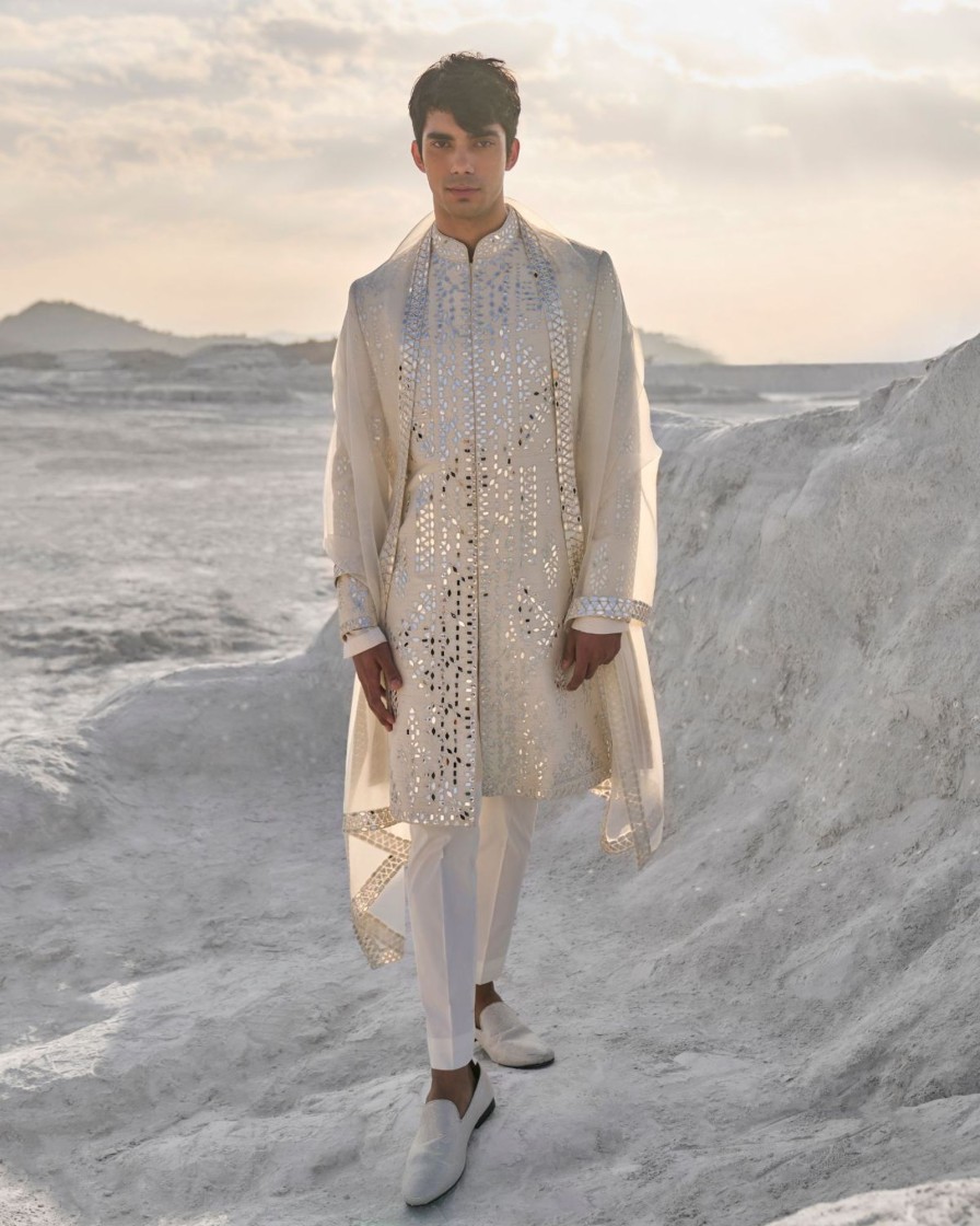 Mens Seema Gujral Mens | Off-White Mirror Work Sherwani Set