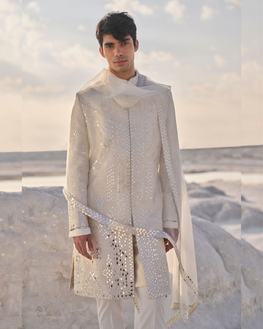 Mens Seema Gujral Mens | Off-White Mirror Work Sherwani Set