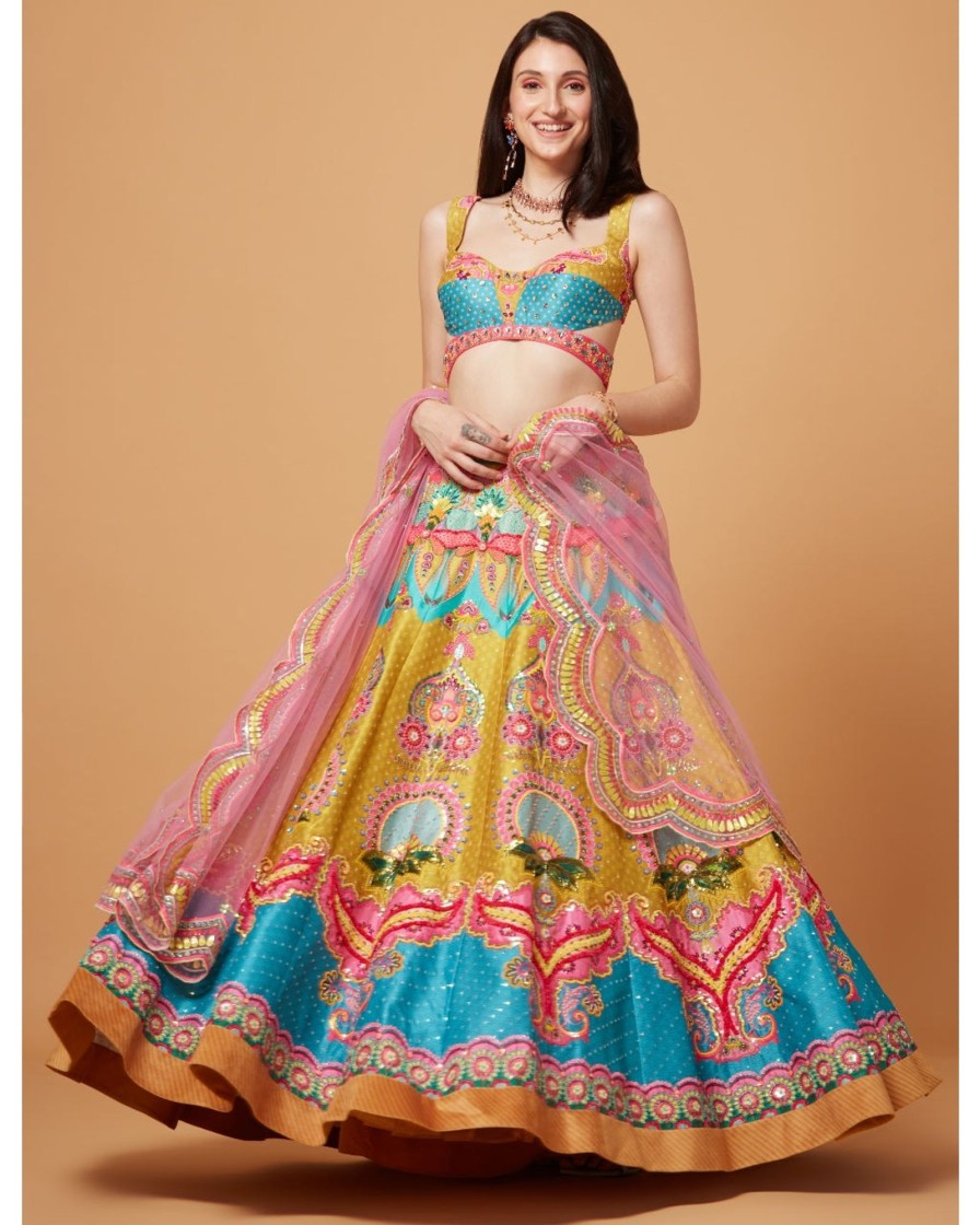 Bridal Siddhartha Bansal | Lime Mustard And Paradise Blue Embroidered Lehenga Set