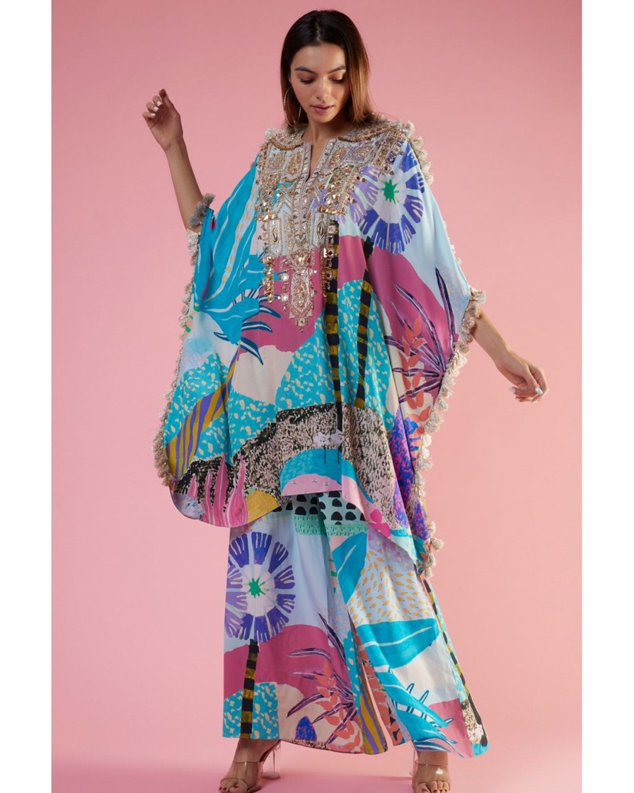 Womens Payal Singhal | Aqua Tropical Kaftan And Palazzo Set