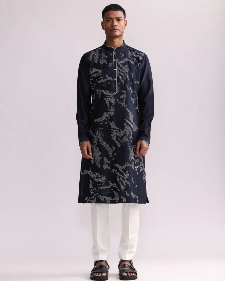 Mens Country Made | Navy Shadow Camo Hand Embroidered Kurta Set