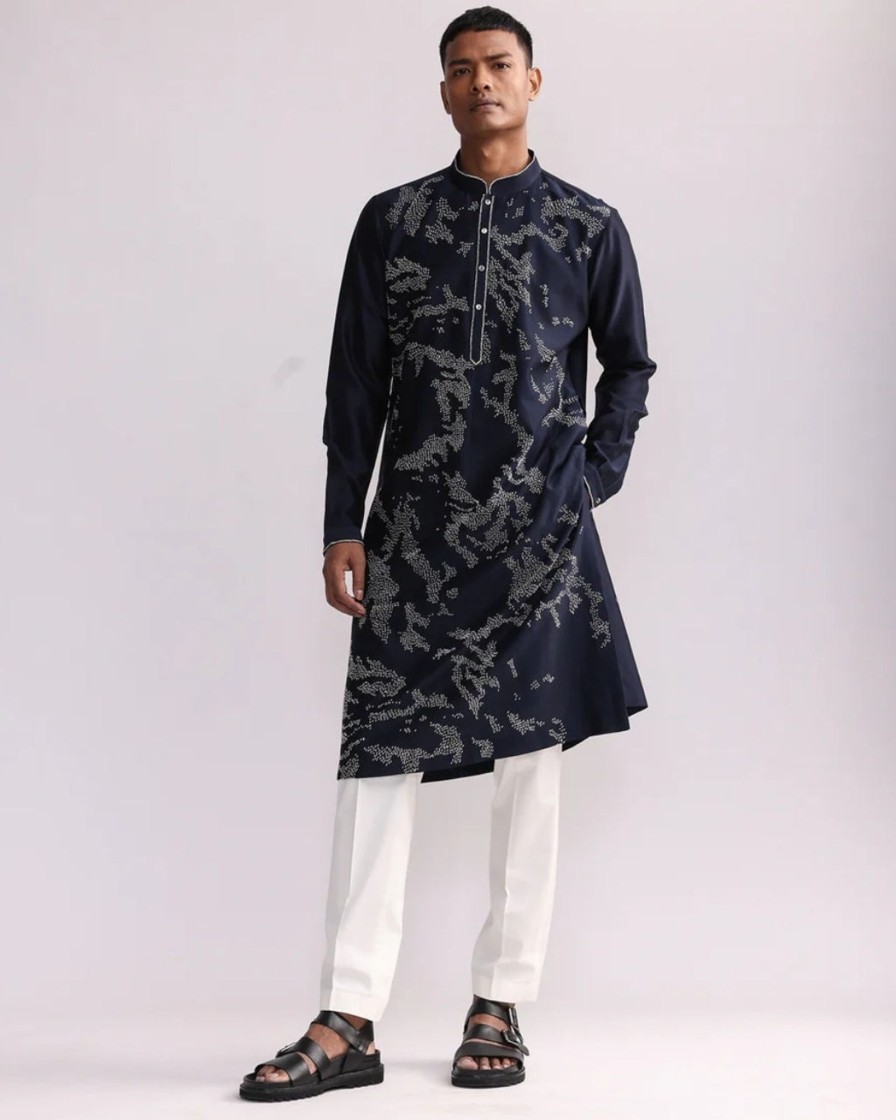 Mens Country Made | Navy Shadow Camo Hand Embroidered Kurta Set