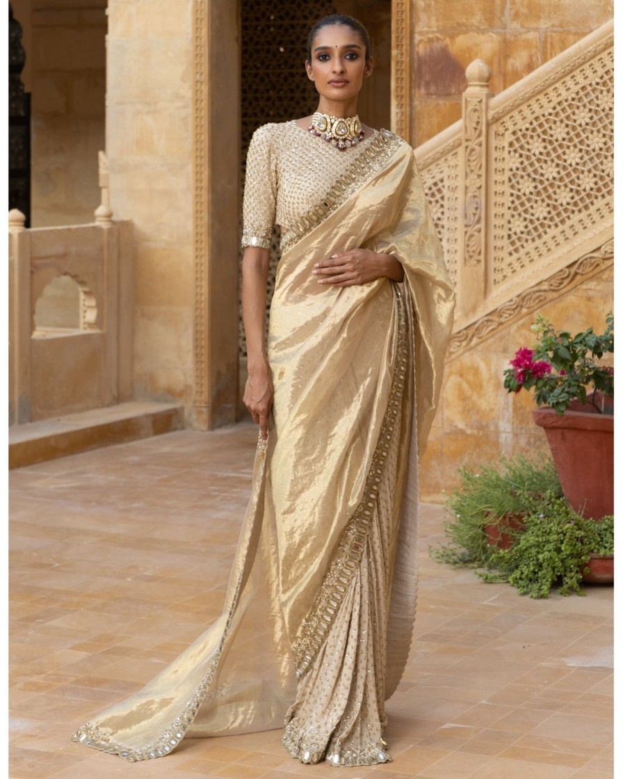 Womens Arpita Mehta | Gold Tissue U0026 Georgette Sari Set