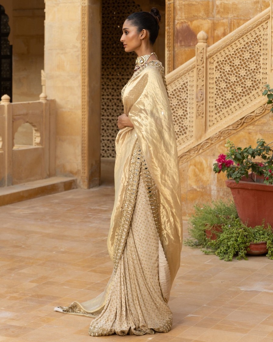 Womens Arpita Mehta | Gold Tissue U0026 Georgette Sari Set