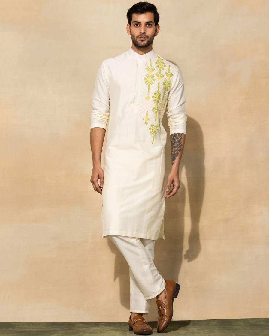 Mens Diya Rajvvir Mens | Pastel Yellow Cutdana Embroidered Kurta Set