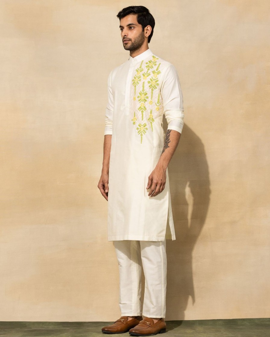 Mens Diya Rajvvir Mens | Pastel Yellow Cutdana Embroidered Kurta Set