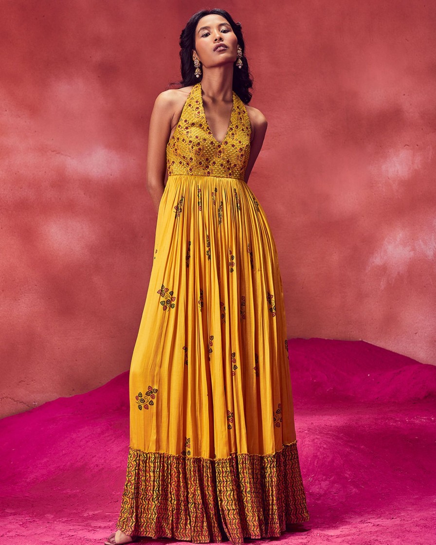 Womens Punit Balana | Yellow Printed Long Crush Dress