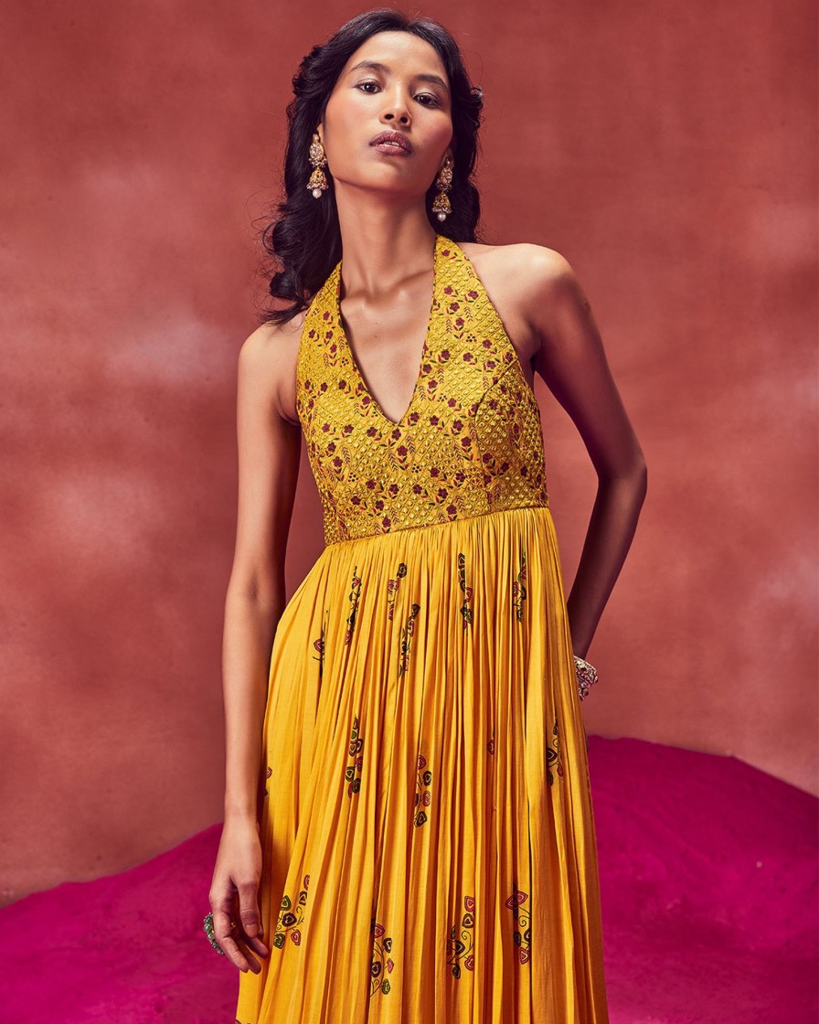 Womens Punit Balana | Yellow Printed Long Crush Dress