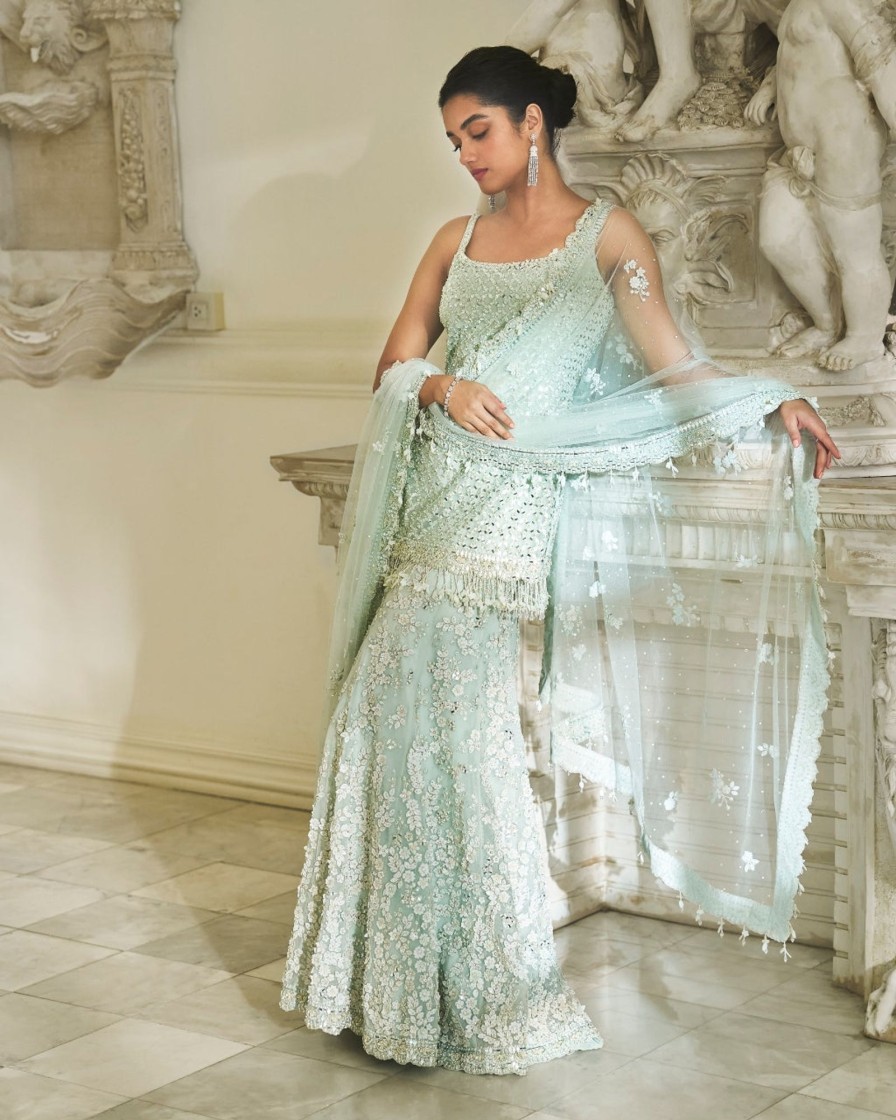 Bridal Seema Gujral | Mint Green Three-Dimensional Sharara Set