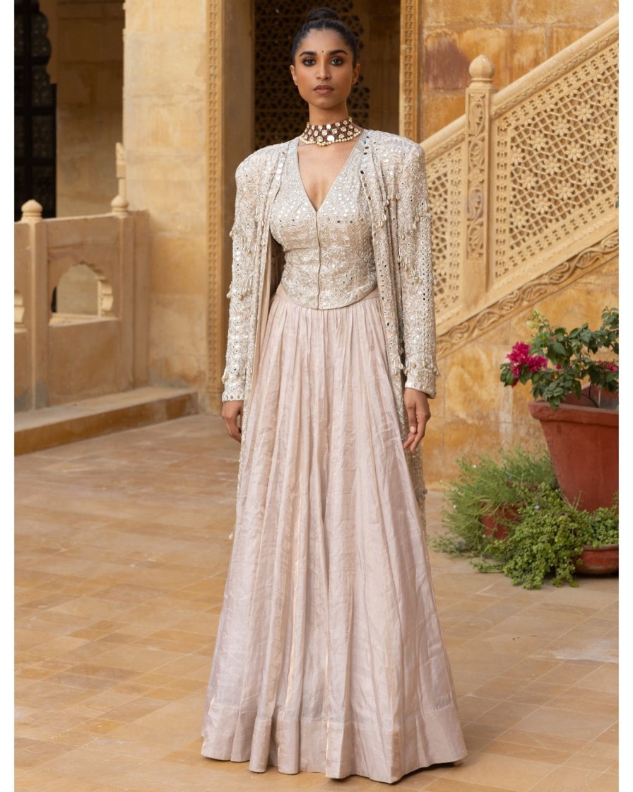 Womens Arpita Mehta | Mirror Embroidered Jacket With Tissue Skirt Set