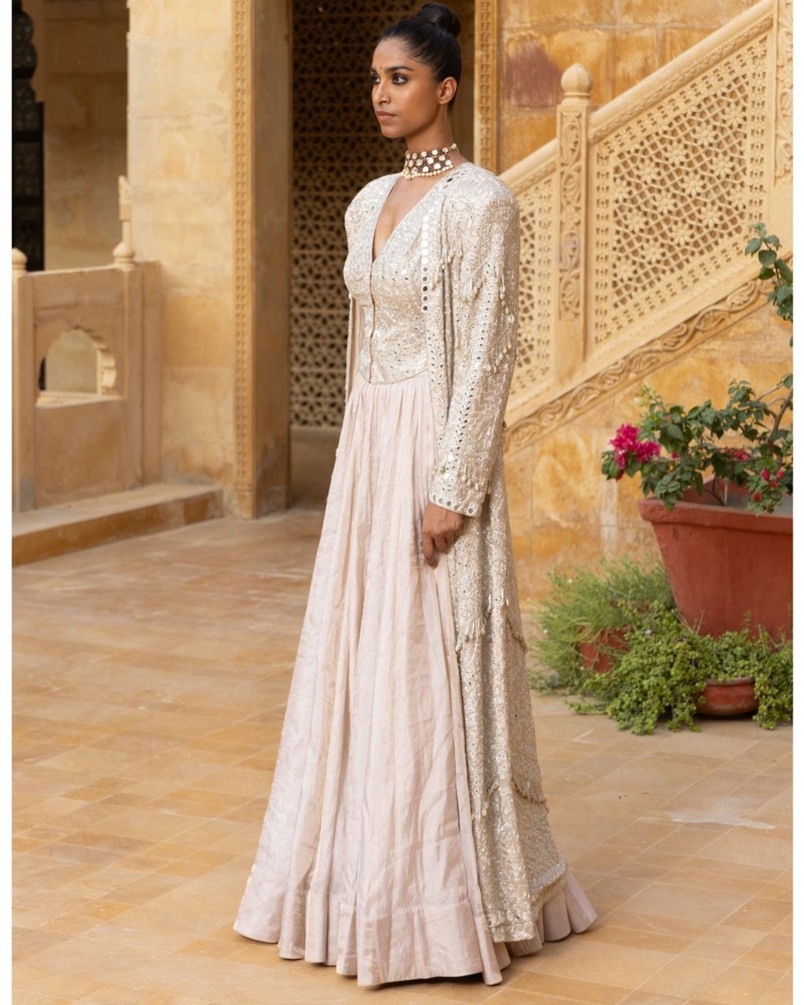 Womens Arpita Mehta | Mirror Embroidered Jacket With Tissue Skirt Set