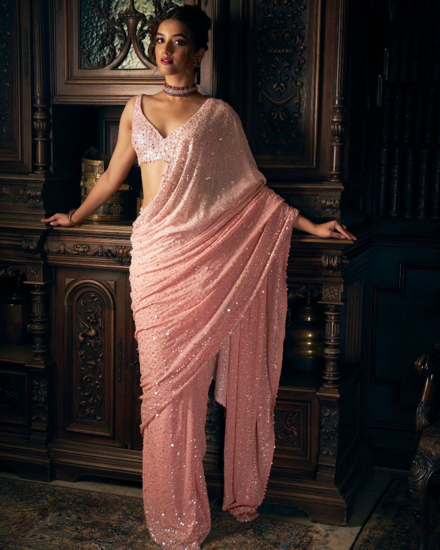 Womens Seema Gujral | Pink Sequin Georgette Sari Set