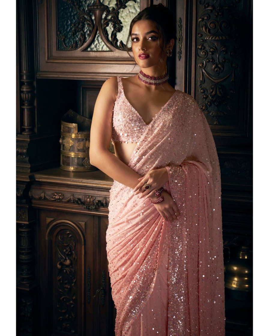 Womens Seema Gujral | Pink Sequin Georgette Sari Set