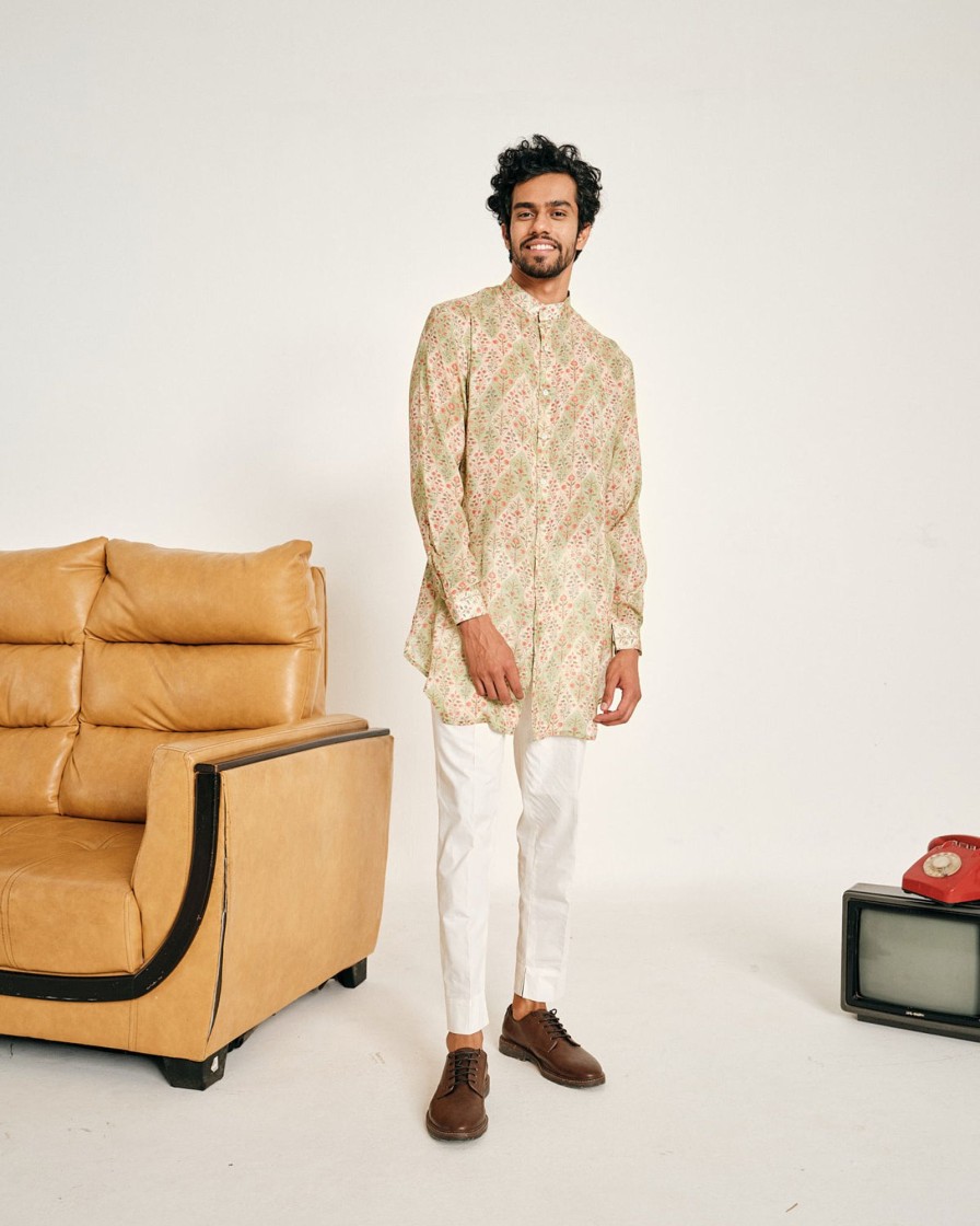 Mens Project Bandi | Cream And Green Gul Malai Cotton Kurta Pajama Set