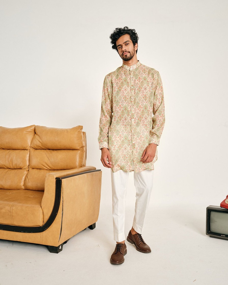 Mens Project Bandi | Cream And Green Gul Malai Cotton Kurta Pajama Set