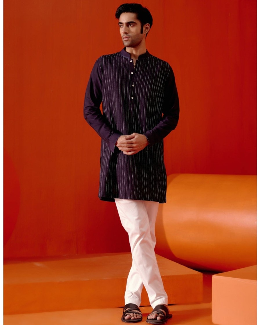 Mens Devnaagri Mens | Navy Blue Cotton Silk Blend Pin Tucks Kurta Set