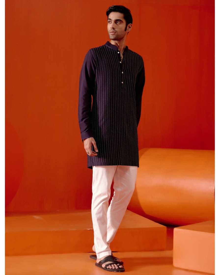 Mens Devnaagri Mens | Navy Blue Cotton Silk Blend Pin Tucks Kurta Set