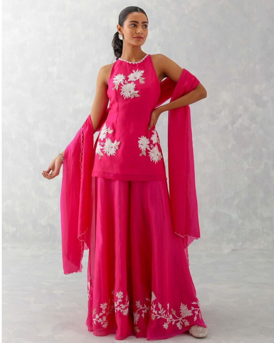 Womens Devnaagri | Fuchsia Pink Embroidered Sharara Set