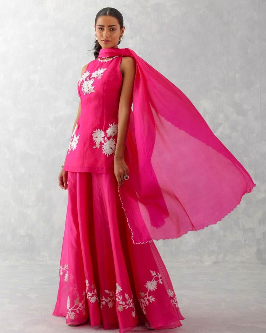 Womens Devnaagri | Fuchsia Pink Embroidered Sharara Set