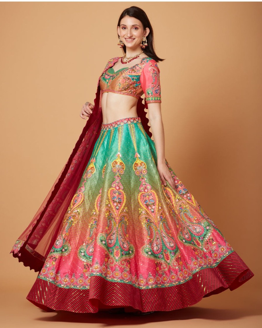 Womens Siddhartha Bansal | Green-Pink Ombre Embroidered Lehenga Set