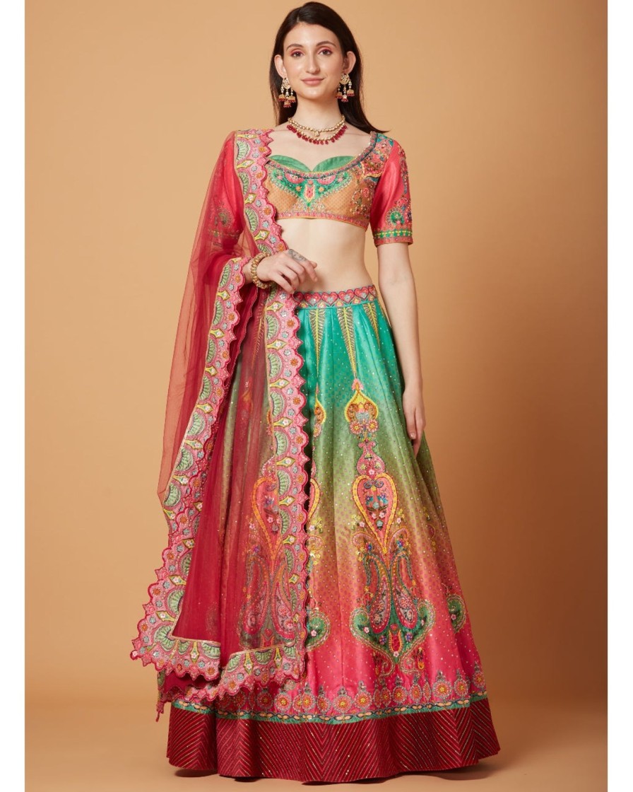 Womens Siddhartha Bansal | Green-Pink Ombre Embroidered Lehenga Set