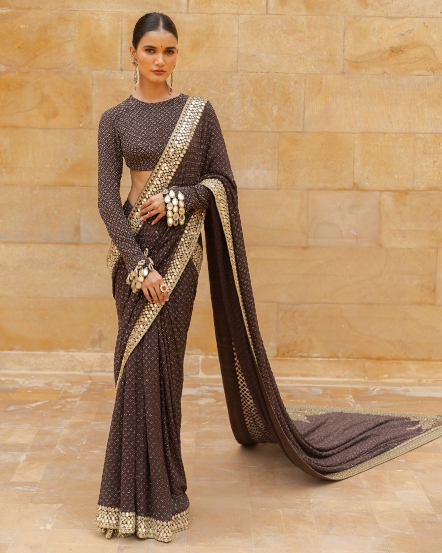 Womens Arpita Mehta | Brown Sequin Beige Gold Self Embroidered Sari Set