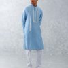 Mens Devnaagri Mens | Cerulean Embroidered Woven Chanderi Kurta Set