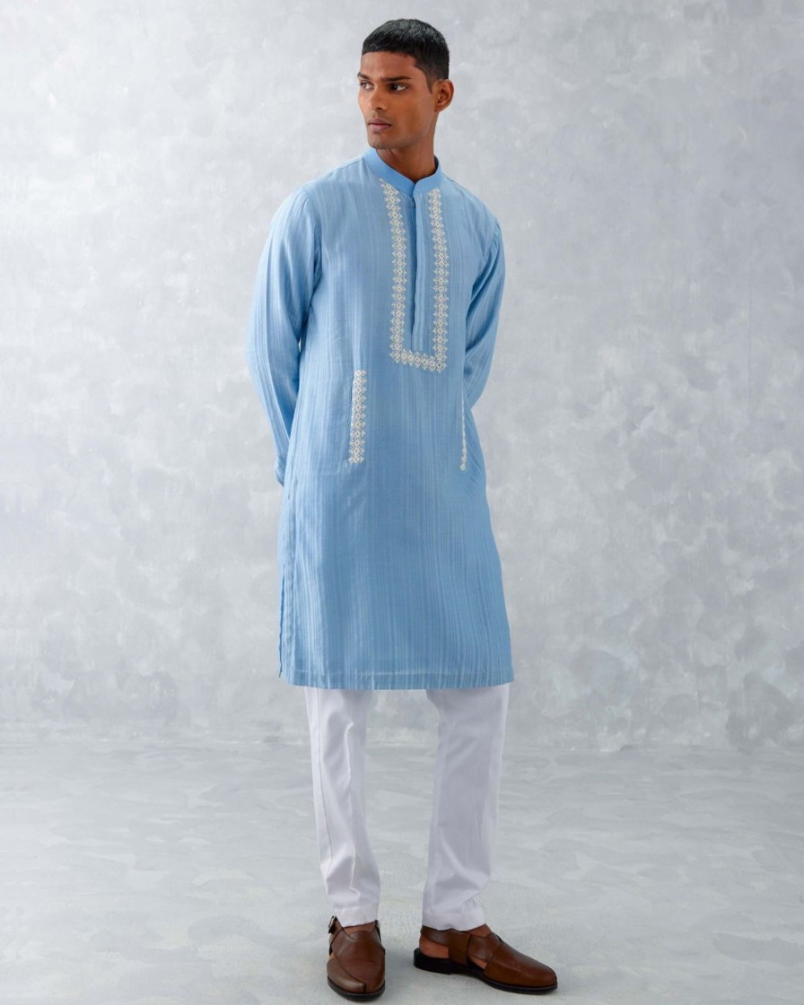 Mens Devnaagri Mens | Cerulean Embroidered Woven Chanderi Kurta Set