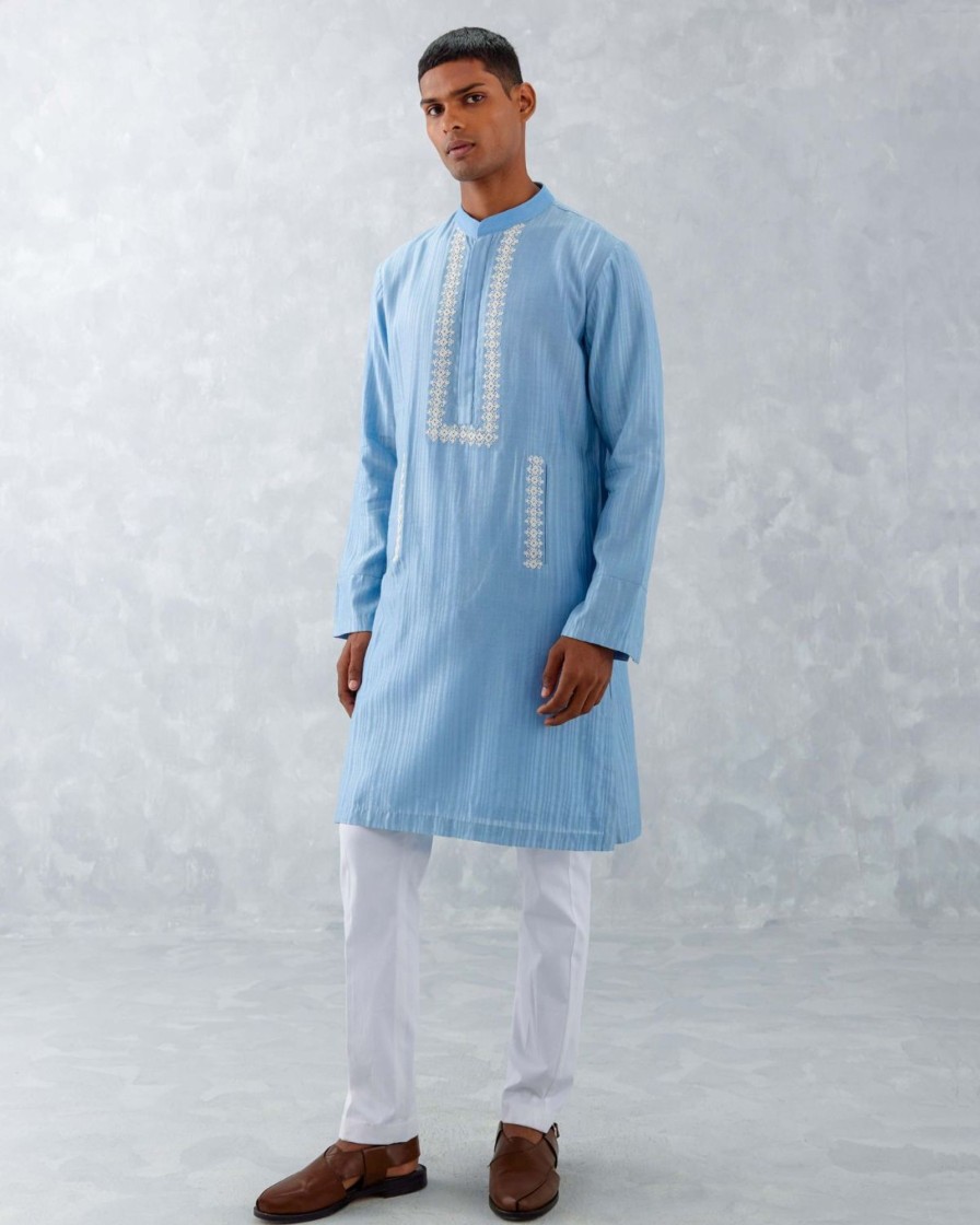 Mens Devnaagri Mens | Cerulean Embroidered Woven Chanderi Kurta Set