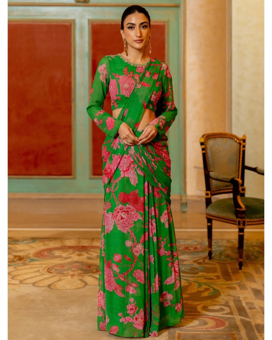 Womens Paulmi u0026 Harsh | Green And Pink Floral Printed Pre-Draped Sari Set