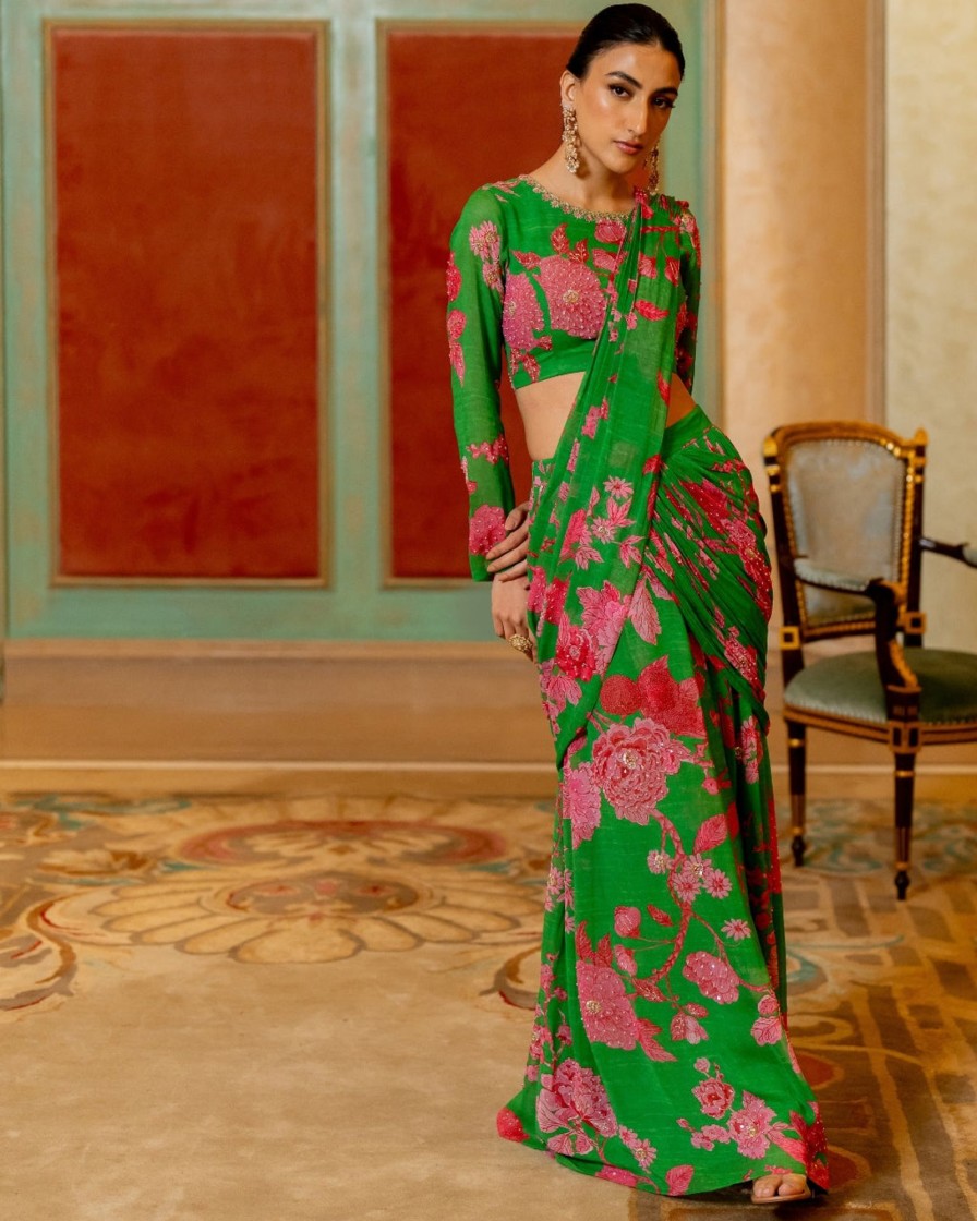 Womens Paulmi u0026 Harsh | Green And Pink Floral Printed Pre-Draped Sari Set