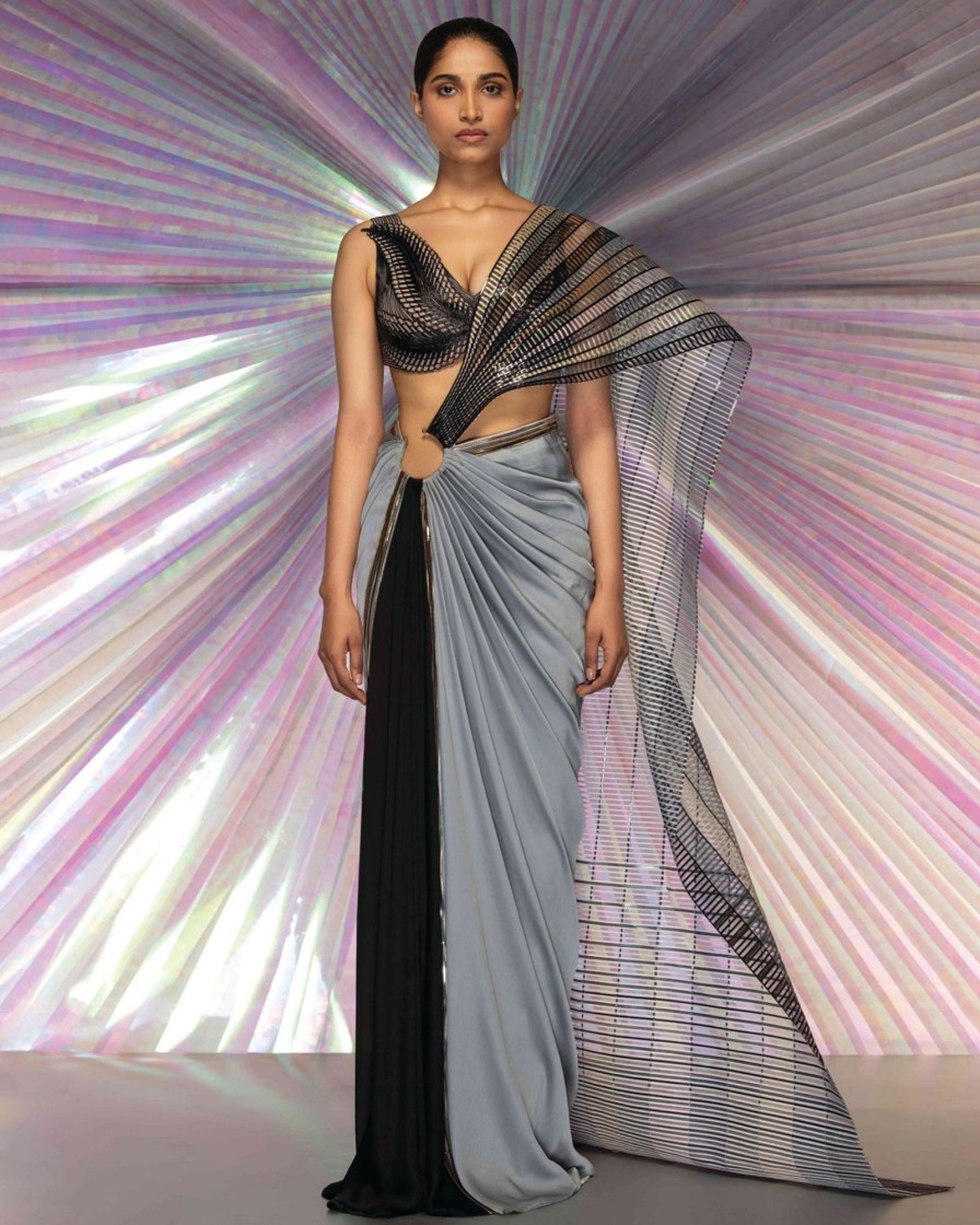 Bridal Amit Aggarwal | Pebble Metallic Corded Blouse With Structured Sari