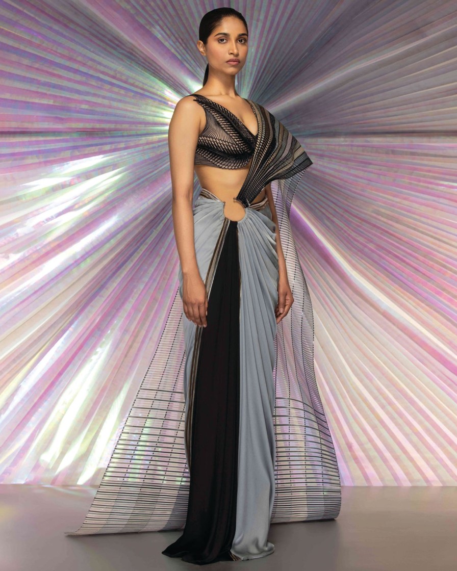 Bridal Amit Aggarwal | Pebble Metallic Corded Blouse With Structured Sari