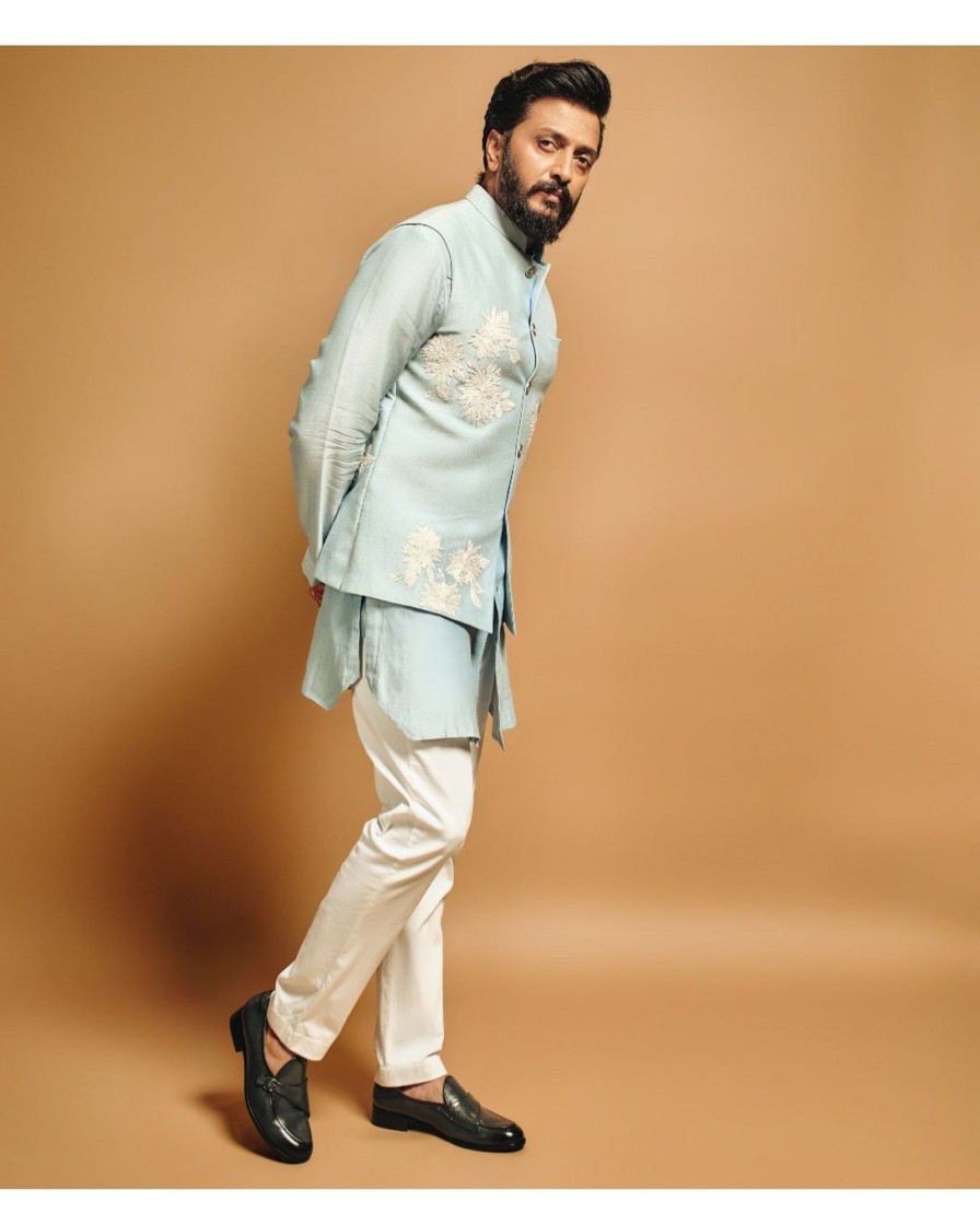 Mens Devnaagri Mens | Sky Blue Kurta With Embroidered Bandi Set