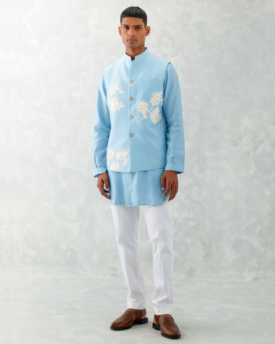 Mens Devnaagri Mens | Sky Blue Kurta With Embroidered Bandi Set